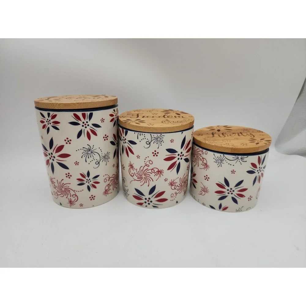 Temptations By Tara Set Of 3 Patriotic Cannisters W/Bamboo Lids